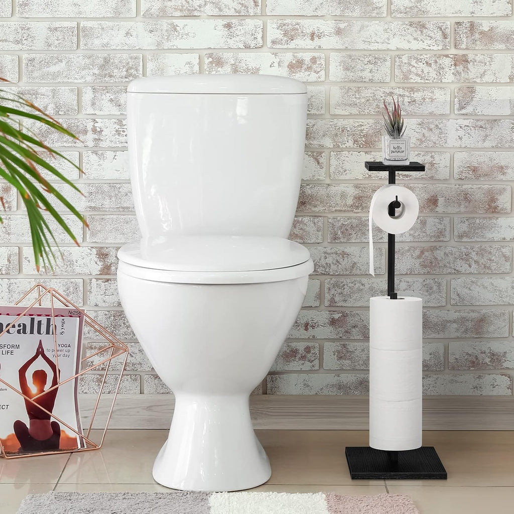 Skiennix Free Standing Toilet Paper Holder - Stylish Black Bathroom Stand with Storage Shelf for Mega Rolls