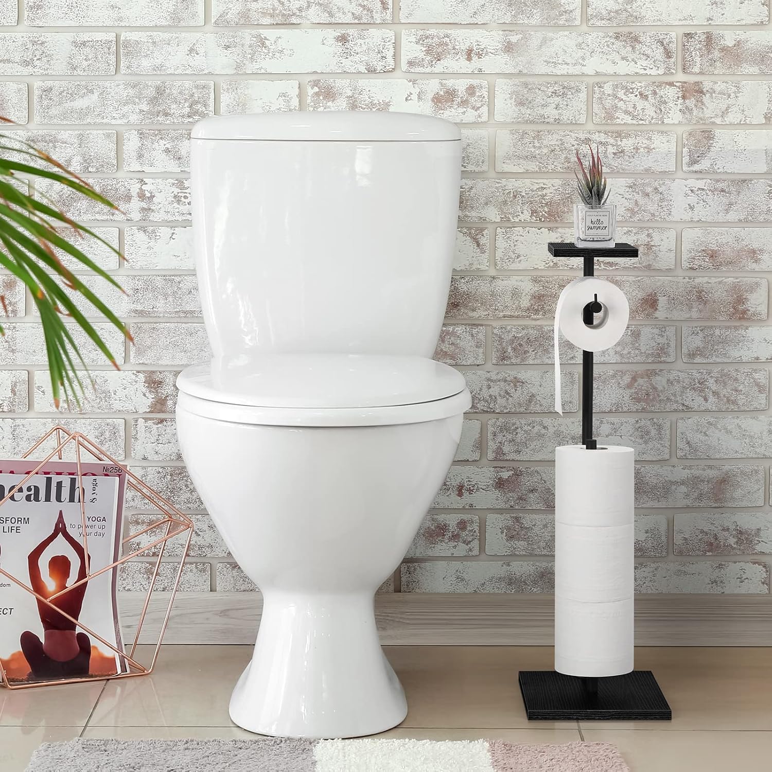 Skiennix Free Standing Toilet Paper Holder - Stylish Black Bathroom Stand with Storage Shelf for Mega Rolls