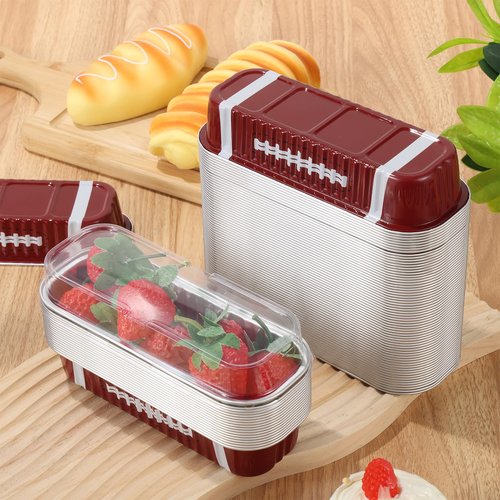 PAJIXANTHIC 100Pcs Mini Loaf Pans with Lids,6.8oz Rectangular Aluminum Foil Baking Pans Disposable Mini Cake Pans,Football
