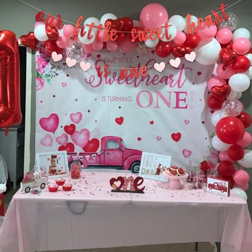 MUWEOL Our Little Sweet Heart Is One Glitter Banner - Valentine's Day Theme First Birthday Party Banner,Our Little Sweet Heart Is One Birthday Decoration (sweet heart banner)