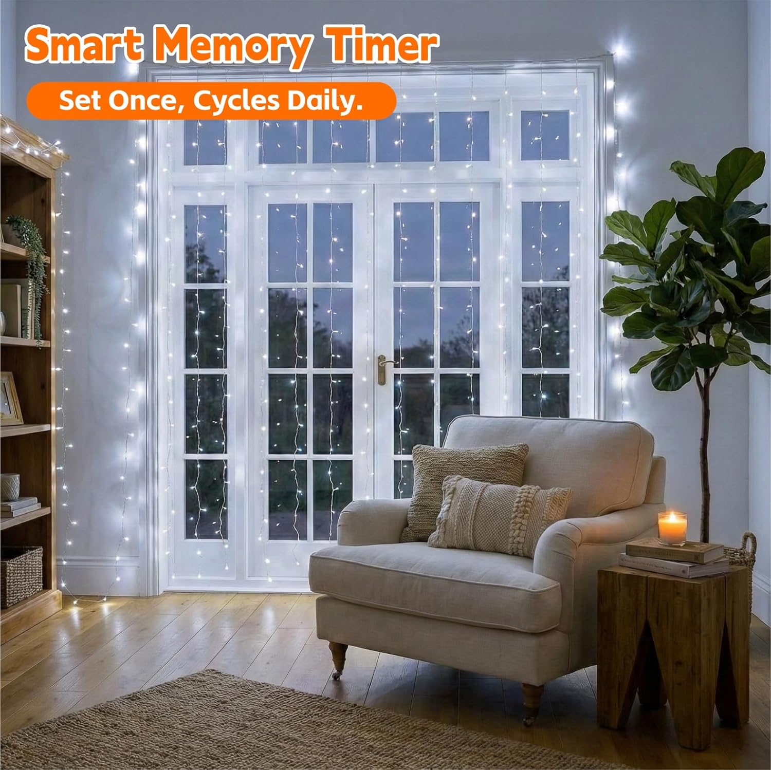 Skiennix Fairy Curtain String Lights - 200 LED White 6.6x6.6ft | 8 Modes Remote Control for Home Decor