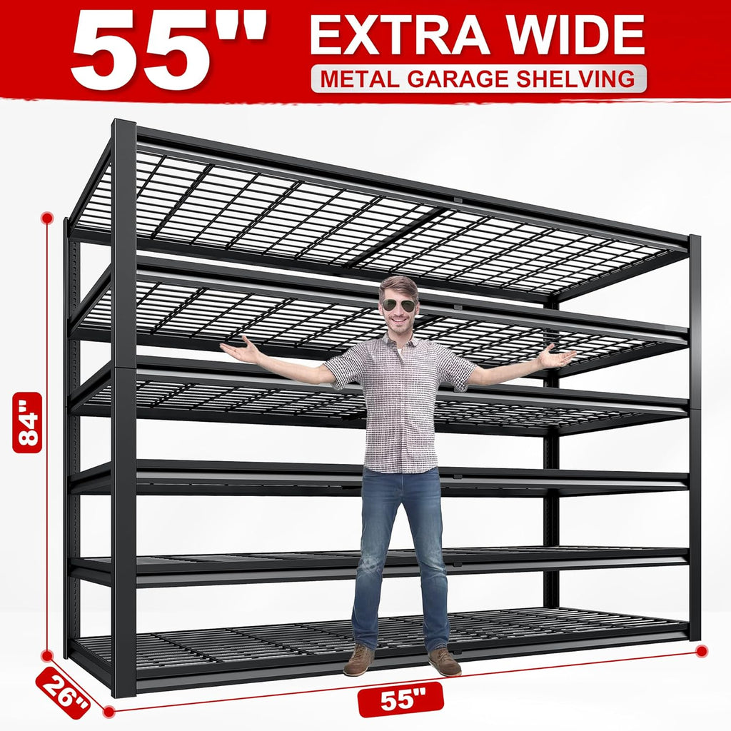 REIBII Heavy Duty Garage Shelving - Adjustable 6-Tier Metal Storage Unit, 55" W x 26" D x 84" H, Black | 3 Pack