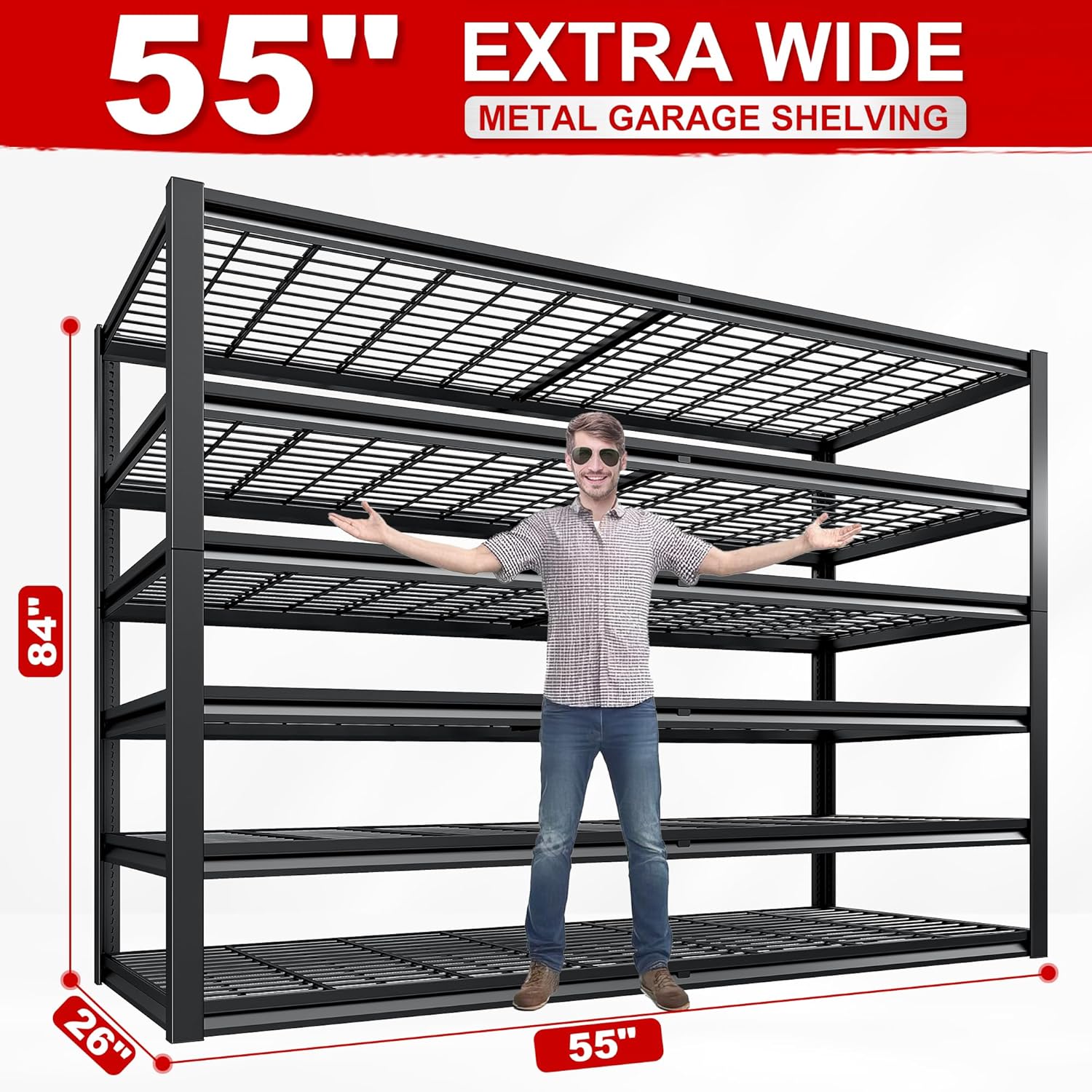 REIBII Heavy Duty Garage Shelving - Adjustable 6-Tier Metal Storage Unit, 55" W x 26" D x 84" H, Black | 3 Pack
