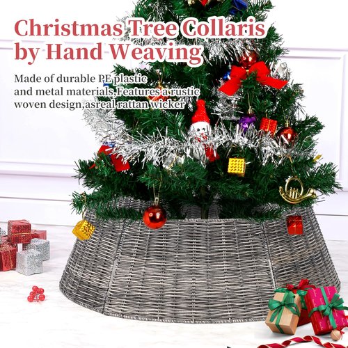 Vencer 26.5''Christmas Tree Collar, Plastic Rattan Xmas Tree Skirt,Rustic Decorations,Tree Skirt Base for Christmas Tree Decorations,Grey,VTO-039