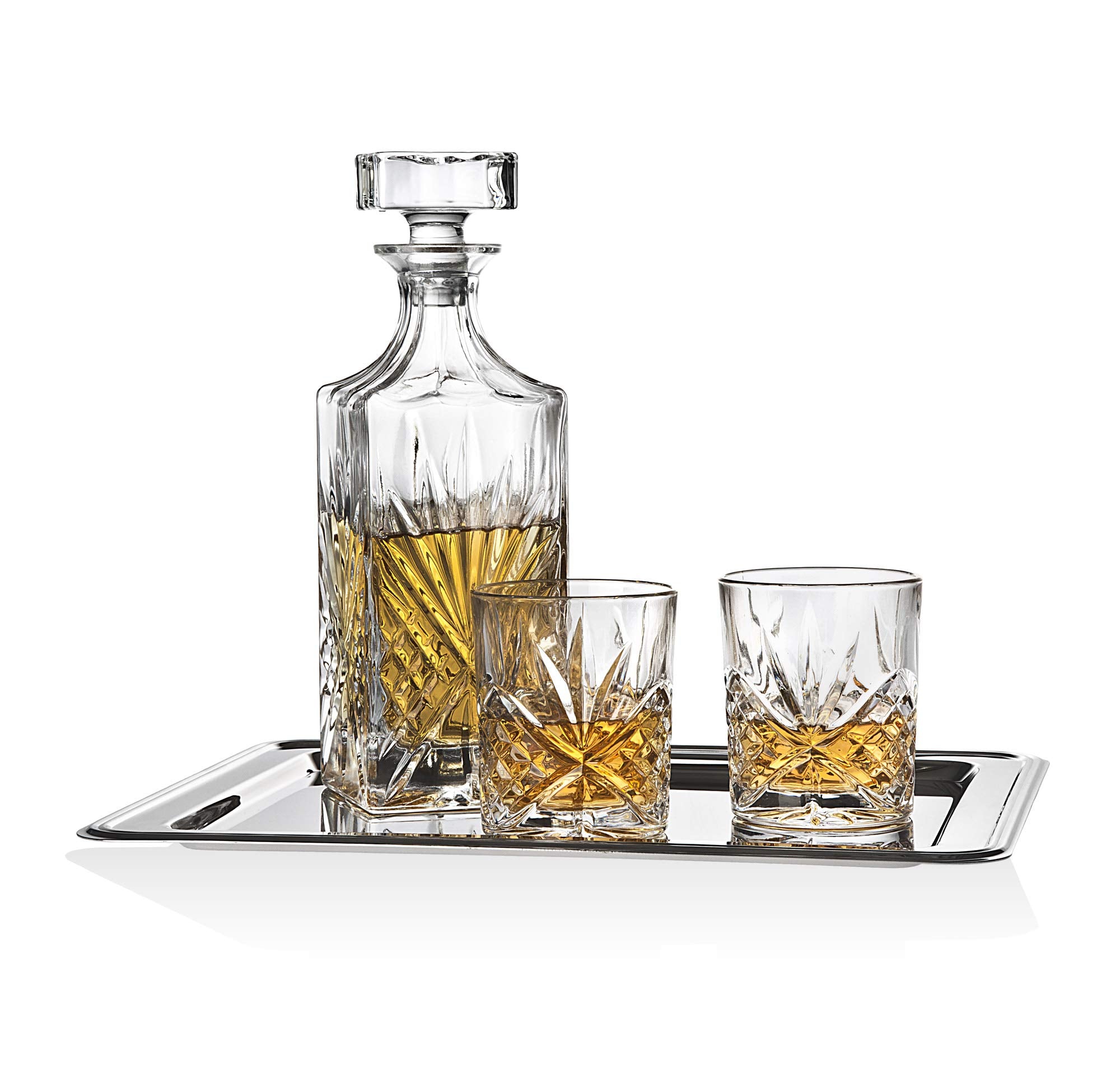 Godinger Dublin Whiskey Bar Set - Includes Whisky Decanter, 6 Old Fashioned Tumbler Glasses and Mirrored Display Tray