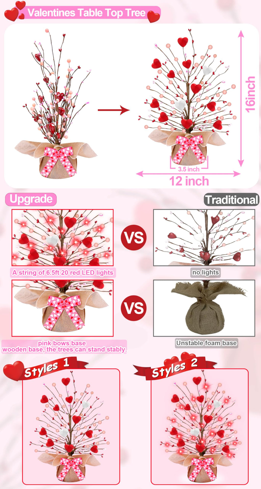 Valentines Day Decorations,Timer Lighted Valentine's Day Tree Tabletop with 20 Red Lights Battery Operated 16 Inch 12 Heart 48 Pink Berries Artificial Tree Valentine's Day Decor Home Party Wedding