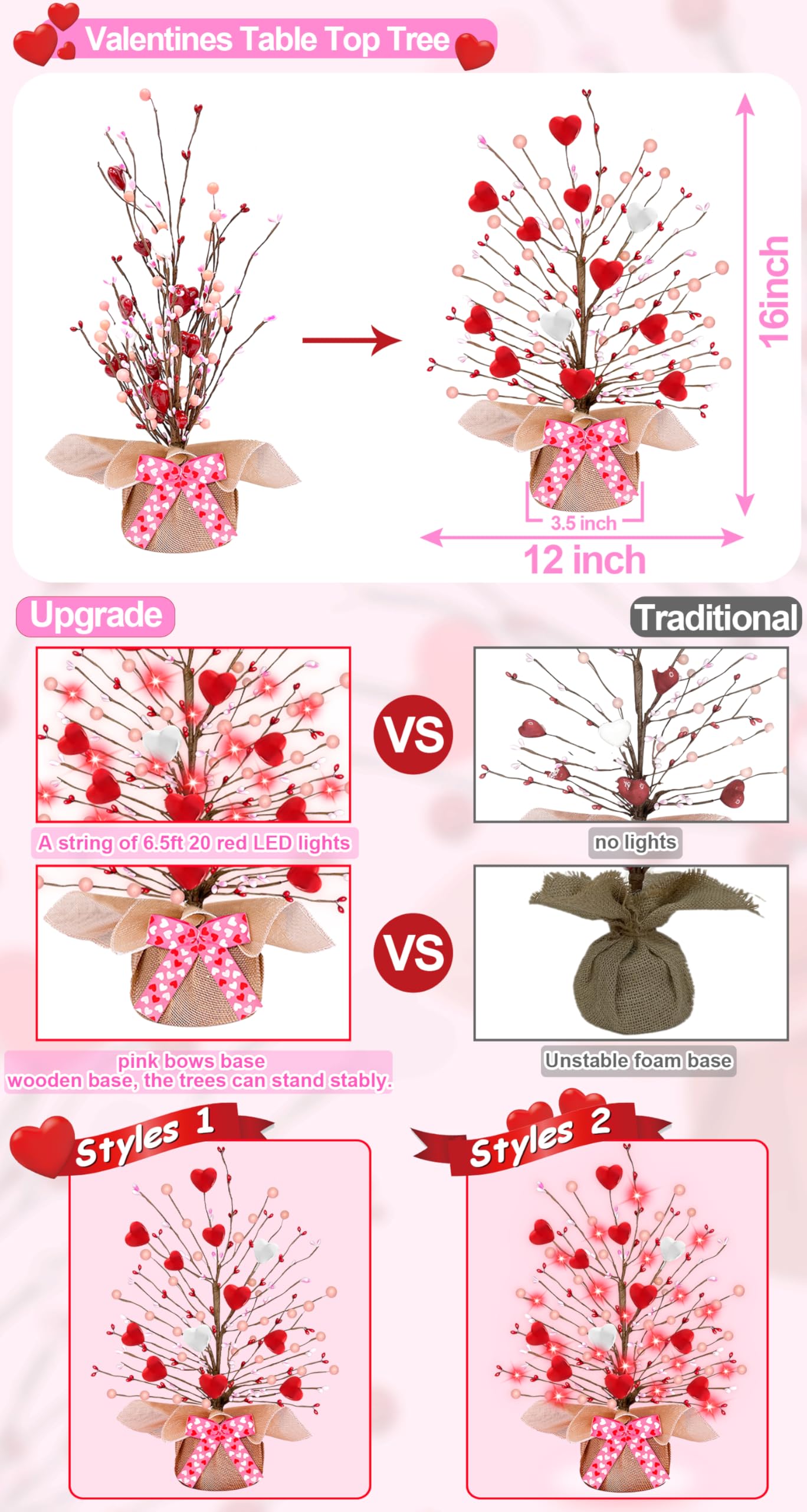 Valentines Day Decorations,Timer Lighted Valentine's Day Tree Tabletop with 20 Red Lights Battery Operated 16 Inch 12 Heart 48 Pink Berries Artificial Tree Valentine's Day Decor Home Party Wedding