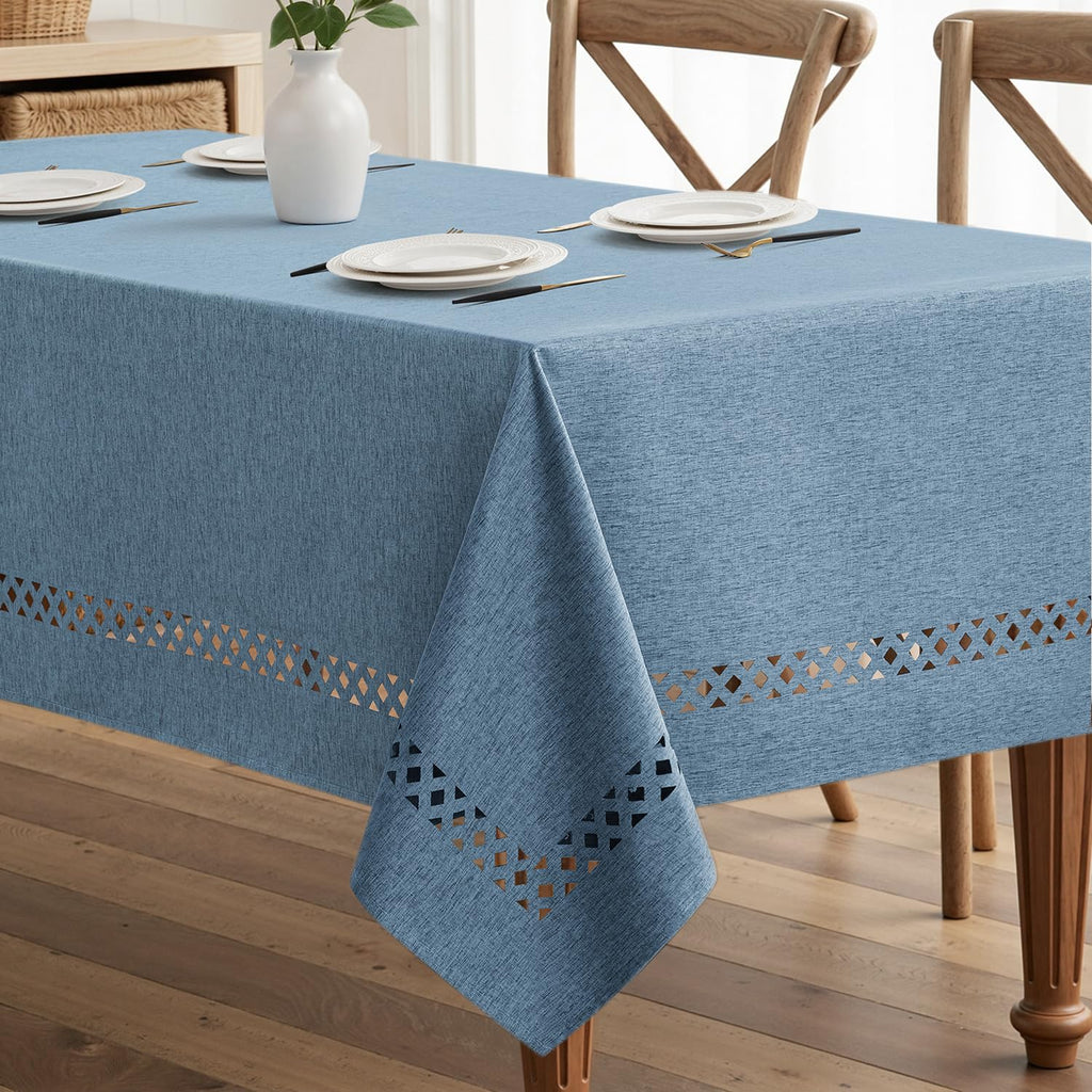 MIULEE Dusty Blue Rectangle Linen Polyester Tablecloth with Decorative Cutouts Waterproof Stain Resistant & Shrink-Proof Table Cloth 60x120 inch Farmhouse Style for Dining Wedding Party