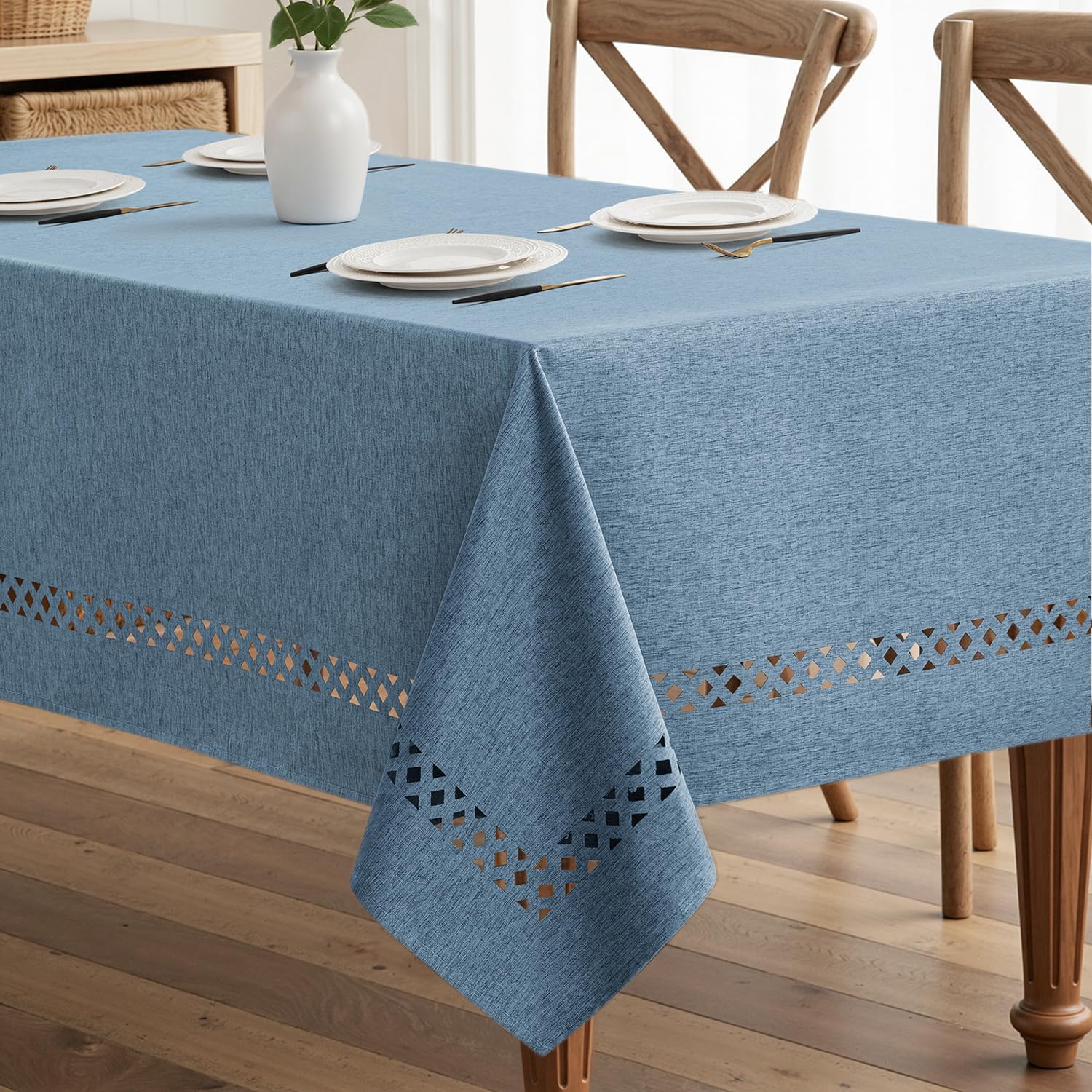 MIULEE Dusty Blue Rectangle Linen Polyester Tablecloth with Decorative Cutouts Waterproof Stain Resistant & Shrink-Proof Table Cloth 60x120 inch Farmhouse Style for Dining Wedding Party