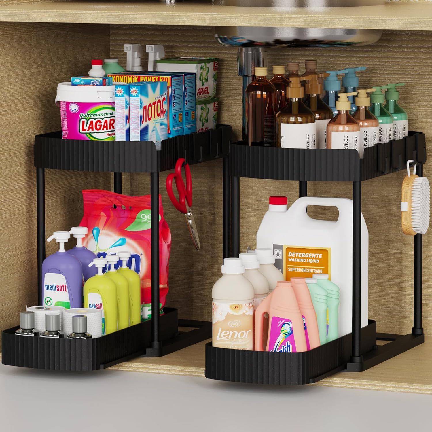 Ukeetap Multi-Purpose Pull-Out Storage Organizers - Under Sink & Cabinet Storage for Bathroom & Kitchen | Black, 12.8 Inches, 2 Packs