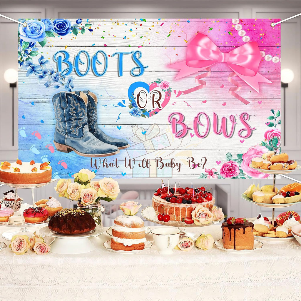 Skiennix Cowboy Boots & Bows Gender Reveal Backdrop - Rustic Wood Design | 7x5ft Photo Booth Banner