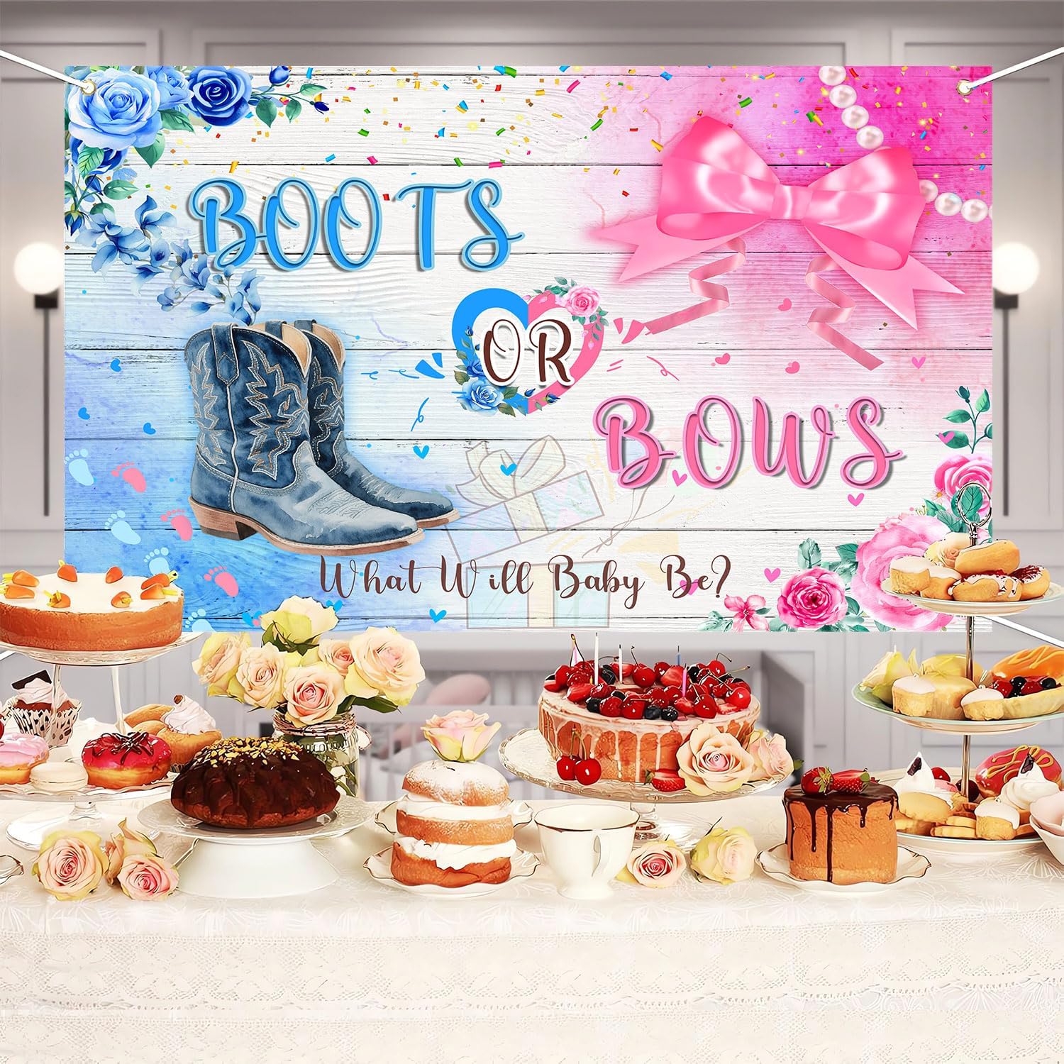 Skiennix Cowboy Boots & Bows Gender Reveal Backdrop - Rustic Wood Design | 7x5ft Photo Booth Banner