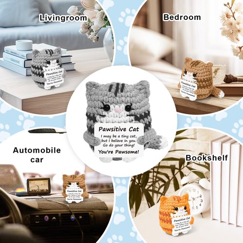RYOTKIK Positive Crochet Cat Mini Animal Emotional Cheer Up Support Gifts, Funny Crochet Mini Handmade Cat for Women Men Friends Mom Daughter Son Teen Birthday Mothers Day Decor Graduation Gifts