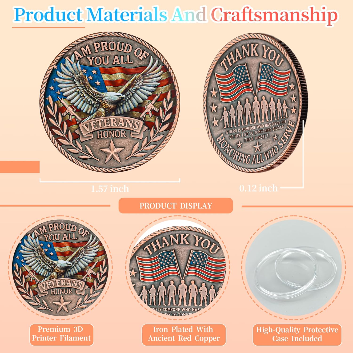 Military Challenge Coins - Thank You for Your Service Veteran Medallions | Patriotic Gifts for Army Soldiers