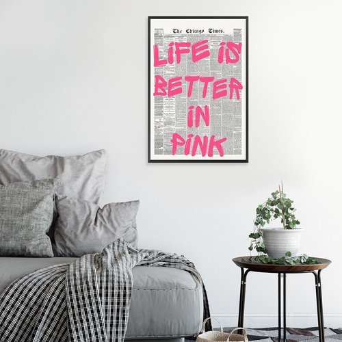 Life Is Better In Pink Canvas Poster - Retro Newspaper Design | Positive Affirmation Art 12x16in Unframed