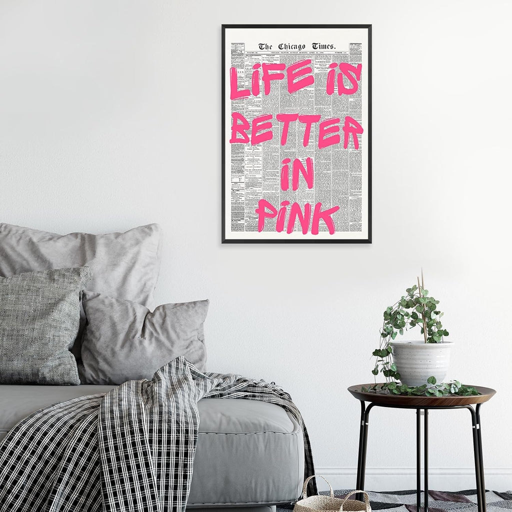 Skiennix Pink Wall Art - Retro Newspaper Canvas Poster with Positive Quote | Minimalist 16x24in Decor