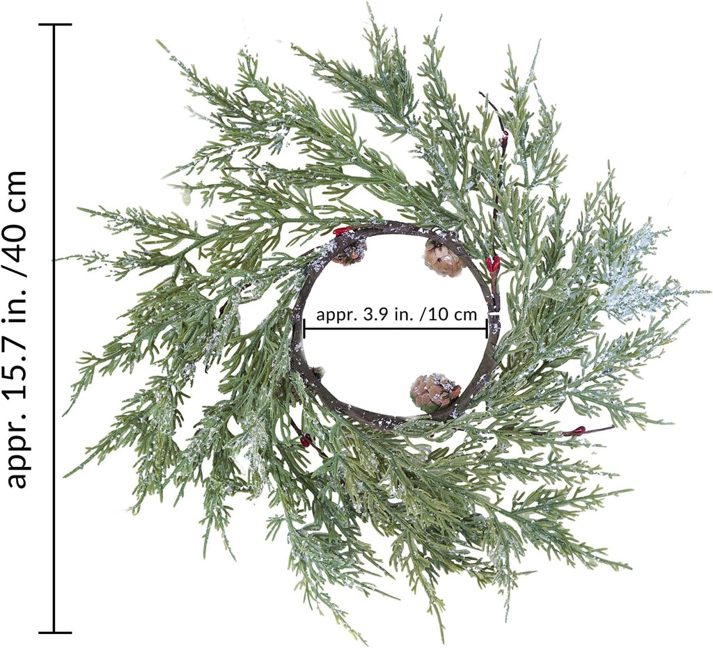 Winlyn Artificial Snowy Cedar Pine Candle Rings - 4 Pcs Mini Winter Wreaths with Pine Cones & Red Berries | 15.7" Wide for Festive Holiday Décor