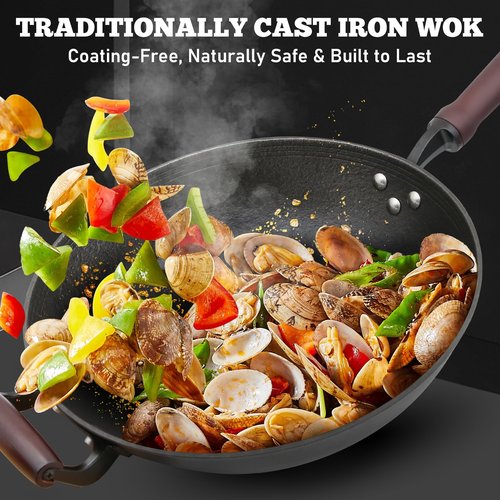 HONGJIANG Cast Iron Wok Pan with Lid, 12.6" Pre-Seasoned Flat Bottom Wok, Coating-Free Wok Stir Fry Pan, Compatible Traditional Chinese Wok for Induction, Electric, Gas, Open Fire