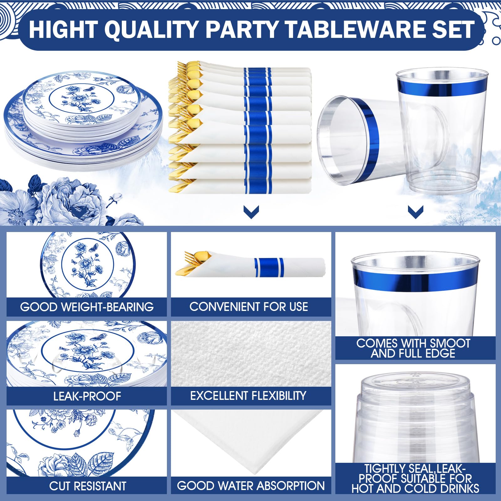 Suttmin 350 Pcs Plastic Dinnerware Set for 50 Guests Include 50 Dinner Plates, 50 Dessert Plates, 50 Pre Rolled Napkins with Gold Silverware, 50 Cups for Party(Blue and White Porcelain)