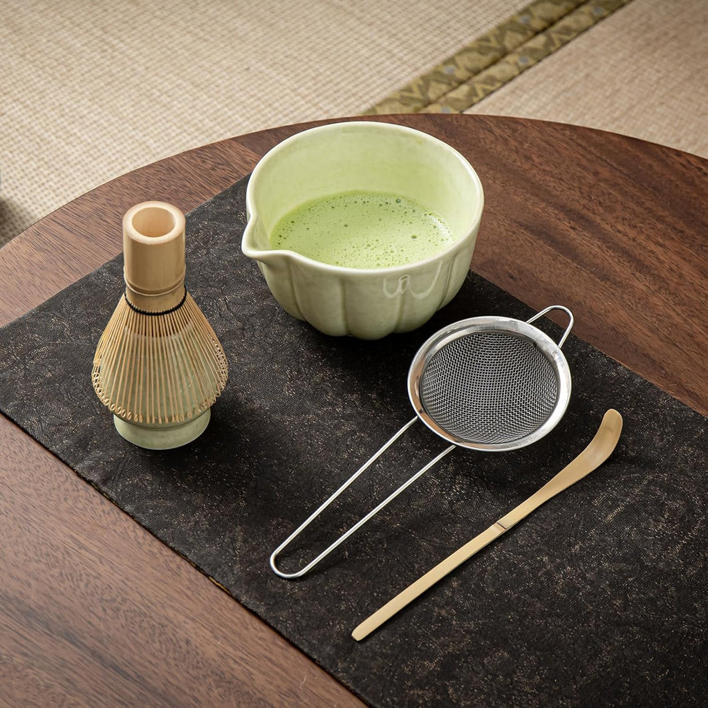 Skiennix Matcha Whisk Set - Complete 5-Piece Kit with Ceramic Bowl, Bamboo Whisk & Accessories | Mottled Green