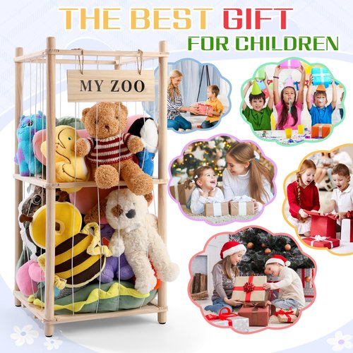 GLDZI Stuffed Animal Storage Zoo, Wooden Stuffed Animal Organizer with Elastic Cords for Boys Girls, Space Saving Toy Plushies Storage Holder for Playroom, Bedroom, Living Room (Burlywood, Small)