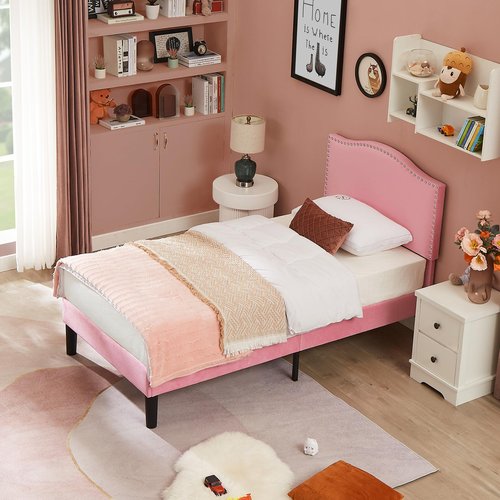 VECELO Twin Bed Frame, Platform Bed Frame with Adjustable Height Upholstered Headboard, Heavy-Duty Frames and Strong Wooden Slats Support, Non-Slip and Noise-Free, Easy Assembly, Pink