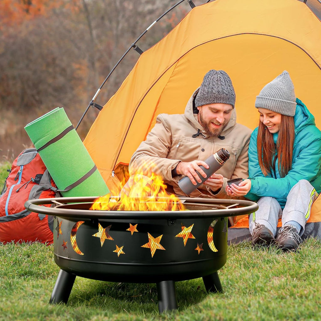 Skiennix 32-Inch Round Fire Pit - Metal Wood Burning Design with Mesh Cover & Poker | Perfect for Outdoor Gatherings