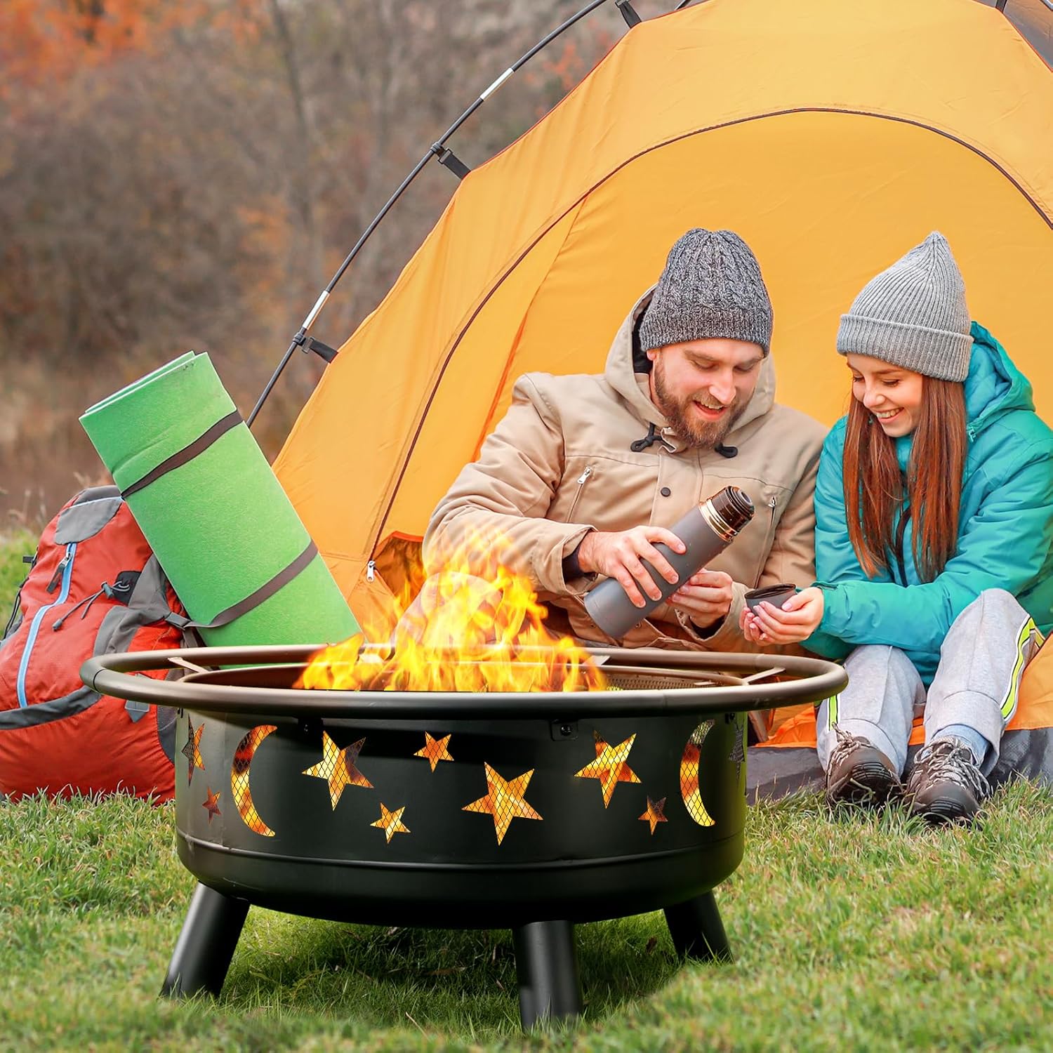Skiennix 32-Inch Round Fire Pit - Metal Wood Burning Design with Mesh Cover & Poker | Perfect for Outdoor Gatherings