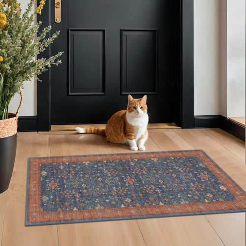 Hazo Haus Washable 2x4 Entry Rug - Non-Slip Rubber Backed Indoor Mat for Kitchen & Bathroom | Navy Blue Boho Décor
