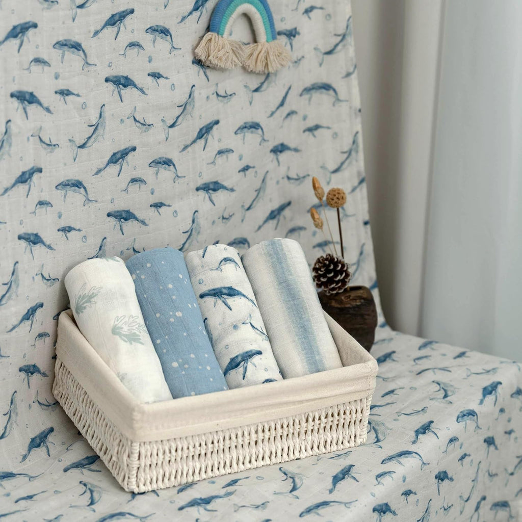 Skiennix Muslin Swaddle Blankets - 4 Pack Cotton Baby Blankets for Newborns | Large 31.5 x 43.3" Soft & Breathable Blue Whale Design
