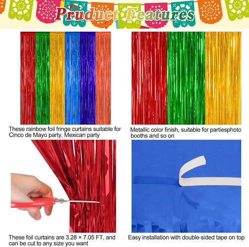 Cinco De Mayo Decorations by [Brand Name] - 2 Pack Fiesta Rainbow Backdrop | 3.28 FT x 7.05 FT Tinsel Curtains
