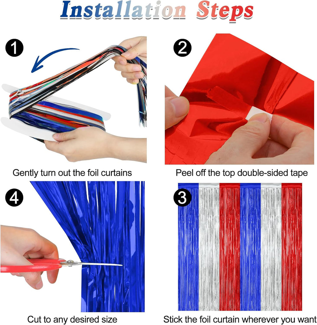 Patriotic Tinsel Backdrop by [Brand Name] - 12 Pack Metallic Blue, Silver & Red Fringe Curtains | 3.28 FT x 7.05 FT Independence Day Party Decor