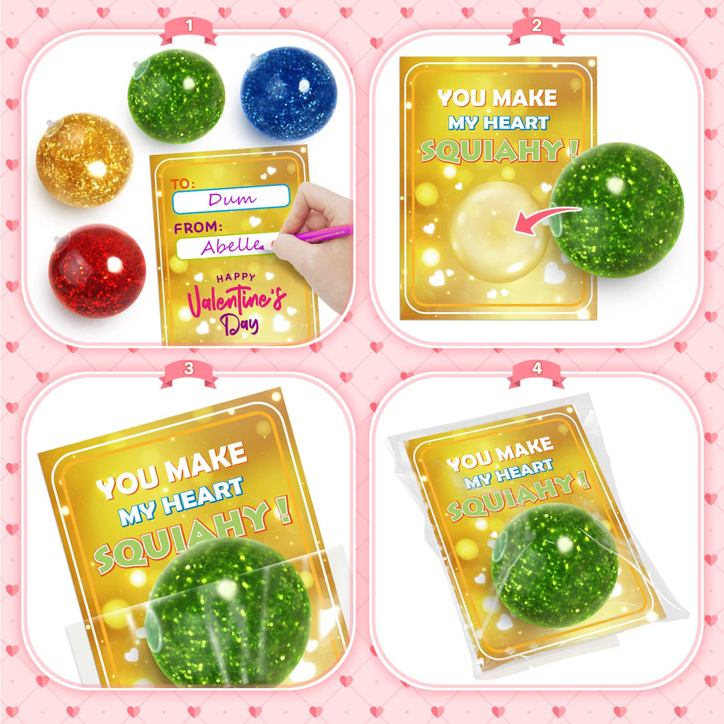 OCHIDO 24 Pack Kids Valentine's Day Greeting Cards With Squeeze Ball Stretchy, Kids Valentine Exchange Cards for Girls Boys School Class Exchange Gifts, Classroom Prizes, Bulk, Valentine Party Favor