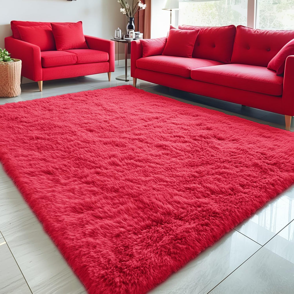 OLANLY Large Area Rug - Soft Fluffy Shaggy Carpet for Living Room & Bedroom | 5x8 Red Indoor Decor