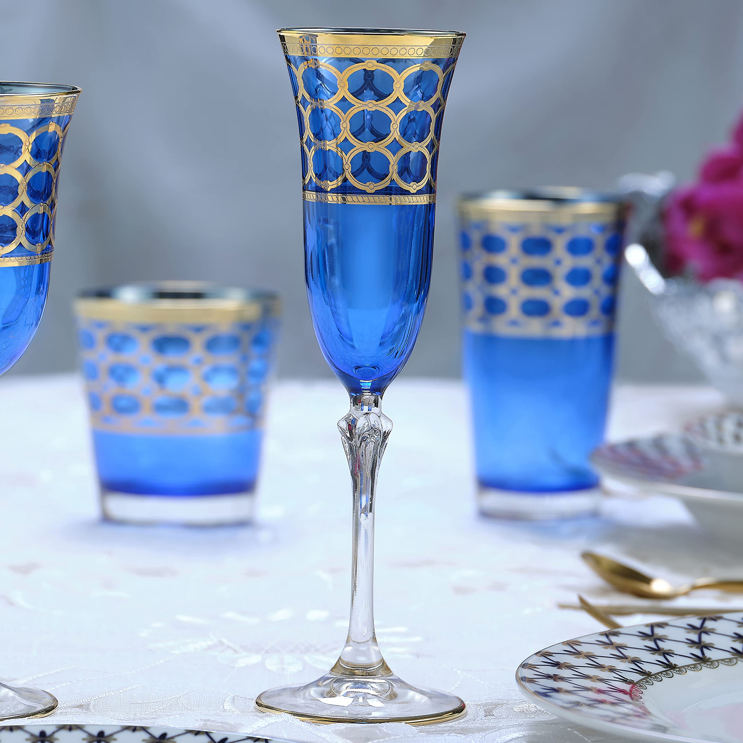 Lorren Home Trends Cobalt Blue Champagne Flutes with Gold Rings, Set of 4