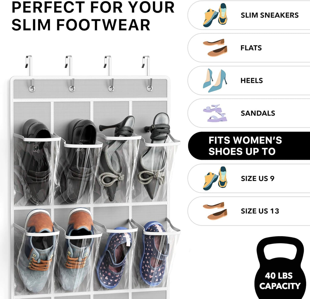 Simple Houseware 24 Pockets - Over The Door Hanging Shoe Organizer | Crystal Clear, Gray (64'' x 19'')