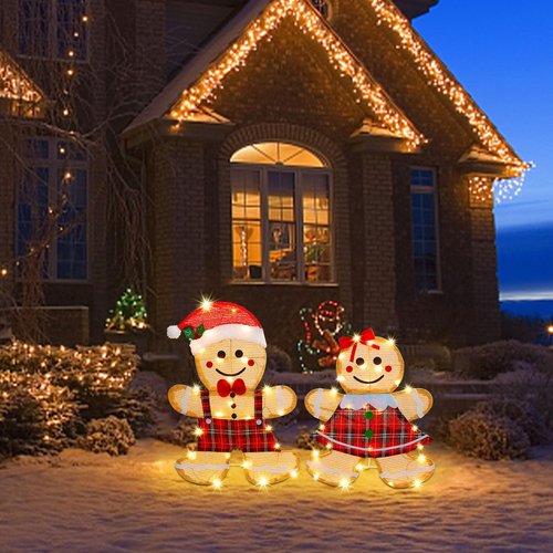 Joliyoou Christmas Yard Decoration, Set of 2 Pre-lit Gingerbread Man with 50 Warm White Lights, 2D Gingerbread Man Couple for Xmas Front Door Indoor Outdoor Lighted Holiday Displays