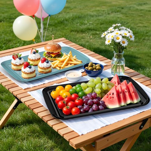 Grilling Prep & Serve Trays for Party- Set of 2, Large Serving Platters for Raw and Cooked Food, Dishwasher Safe, 17"×10.5" Stackable Plastic Party Supplies for Grilling, BBQ, Meal Prep - Green, Black