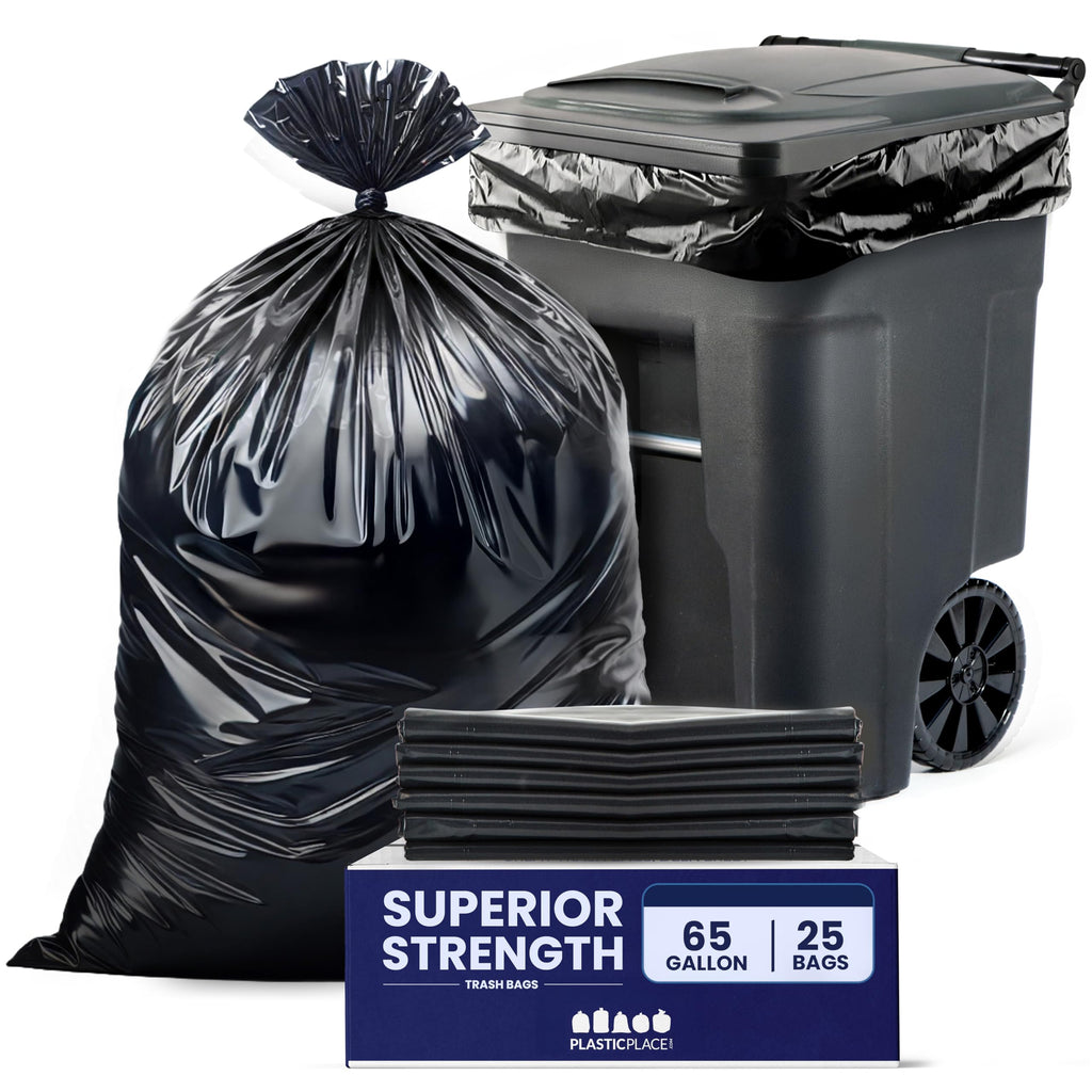 Plasticplace 65 Gallon Trash Bags │ 2.7 Mil │ Black Heavy Duty Garbage Can Liners │ 50” x 48” (25 Count) (W65LDB225A)