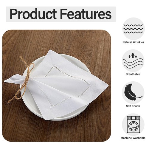 80 Pcs Linen Cocktail Napkins Bulk 6 x 6 Inch Cloth Hemstitch Fabric Napkins for Party Wedding Bar Beverage Coffee Dessert (White)