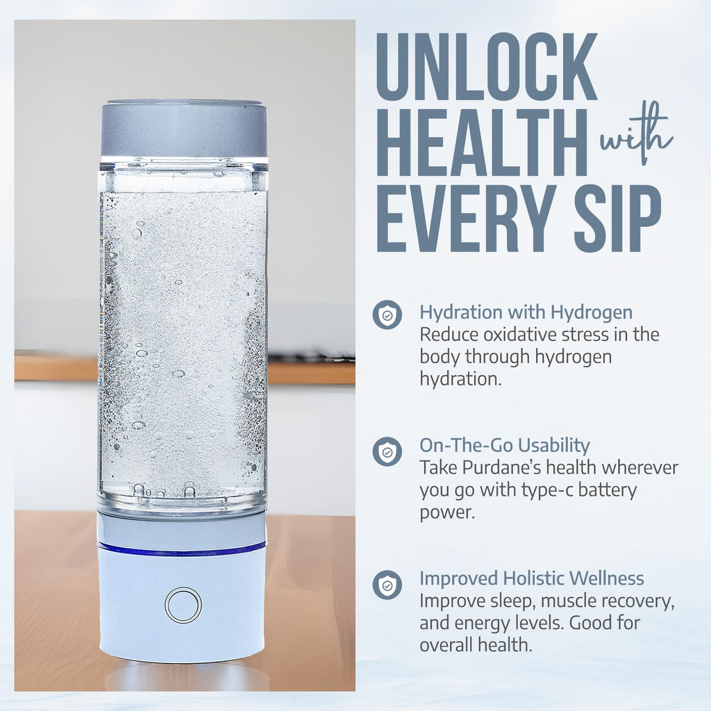 PURDANE Hydrogen Water Bottle 2024 – SPE/PEM Technology Generating Up to 3000ppb Hydrogen-Rich Ionized Water for Antioxidant and Health Benefits – Environmentally Friendly PC and Glass - White