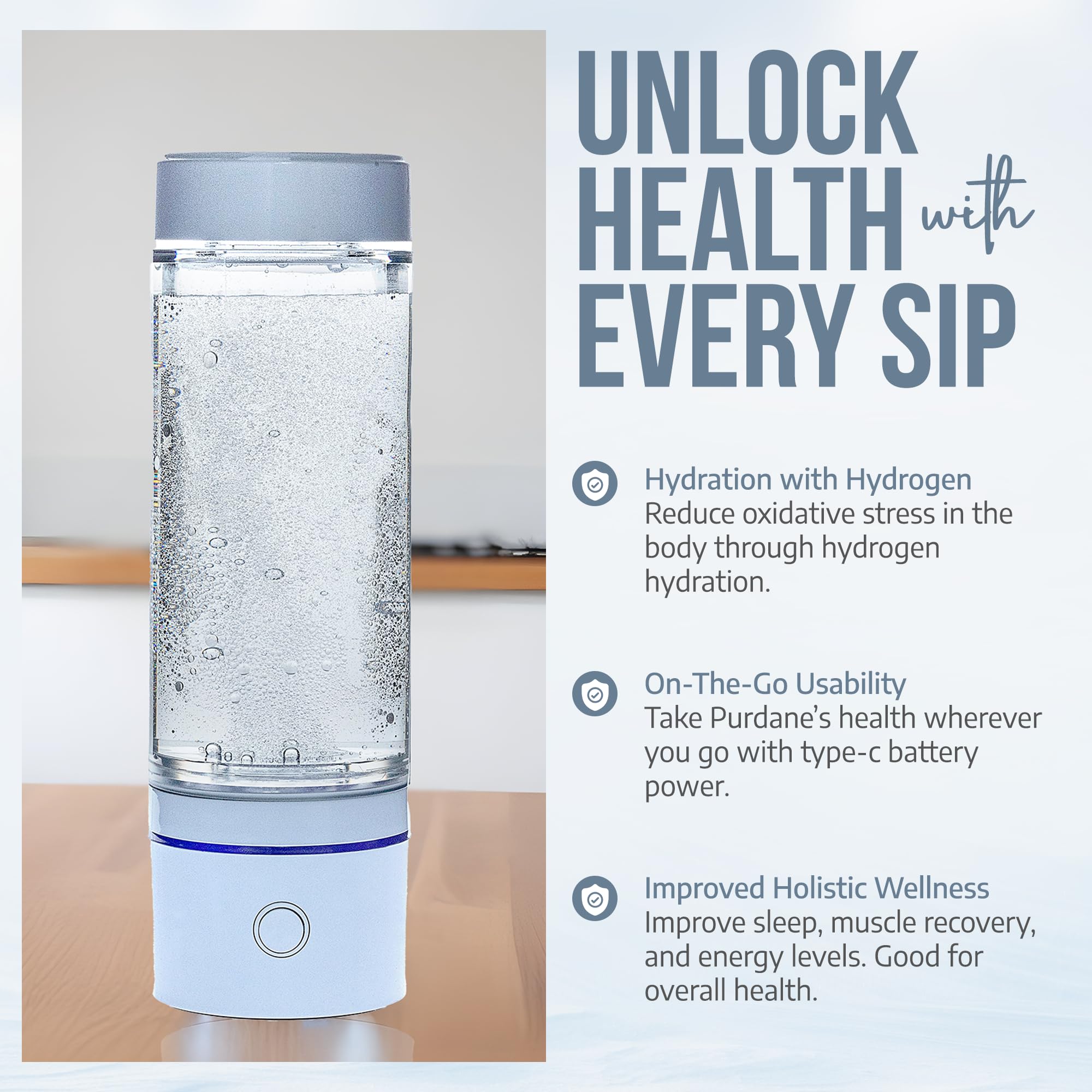 PURDANE Hydrogen Water Bottle 2024 – SPE/PEM Technology Generating Up to 3000ppb Hydrogen-Rich Ionized Water for Antioxidant and Health Benefits – Environmentally Friendly PC and Glass - White