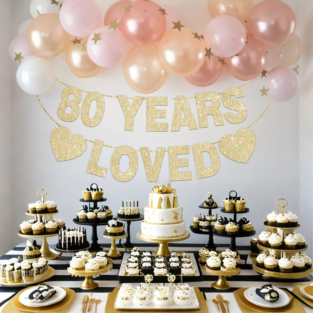 80 Years Loved Banner for 80th Birthday Decorations for Men Women Pre-Strung Birthday Banner Party Decorations Gold Glitter