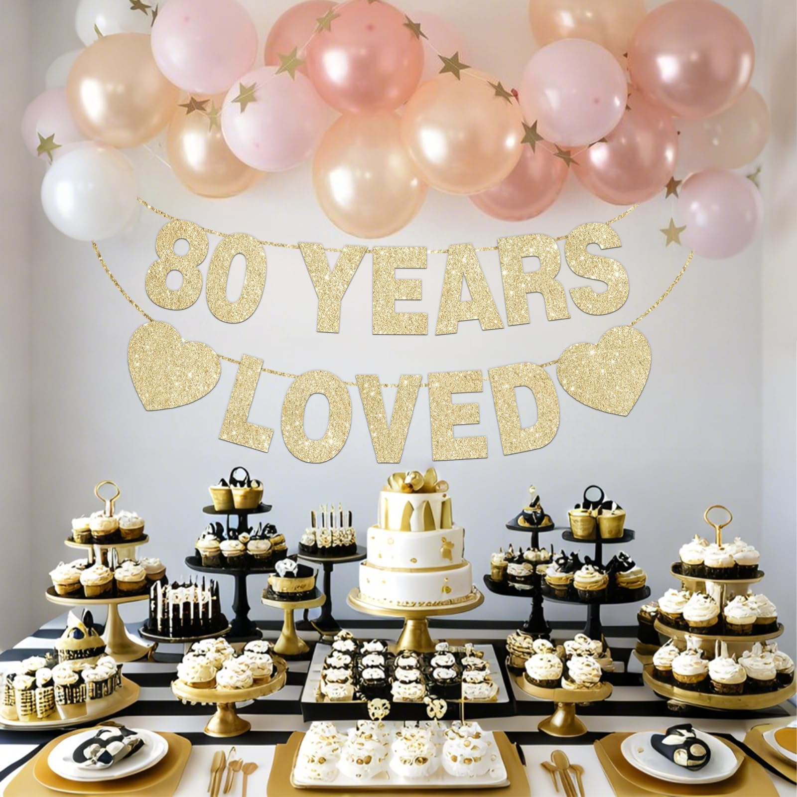 80 Years Loved Banner for 80th Birthday Decorations for Men Women Pre-Strung Birthday Banner Party Decorations Gold Glitter