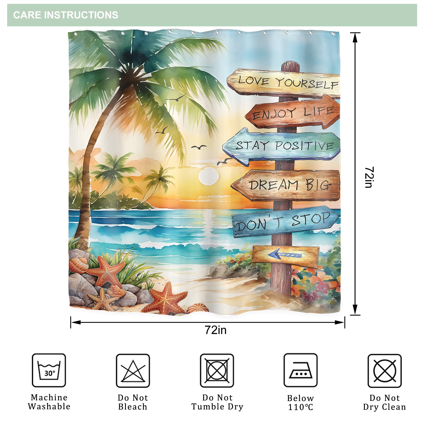 Riyidecor Tropical Beach Palm Tree Shower Curtain for Bathroom Decor 72Wx72H Ocean Quotes Coastal Sunset Watercolor Scenery Inspirational Art Printed Fabric Polyester Waterproof 12 Pack Plastic Hooks