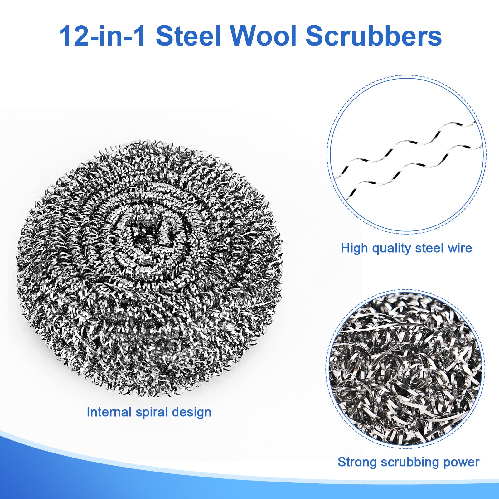 ovwo 12Pack Upgraded Steel Wool Scrubbers - Premium Stainless Steel Scrubber, Metal Scouring Pads, Steel Wool Pads, Kitchen Cleaner, Heavy Duty Cleaning Supplies - Especially for Tough Cleaning