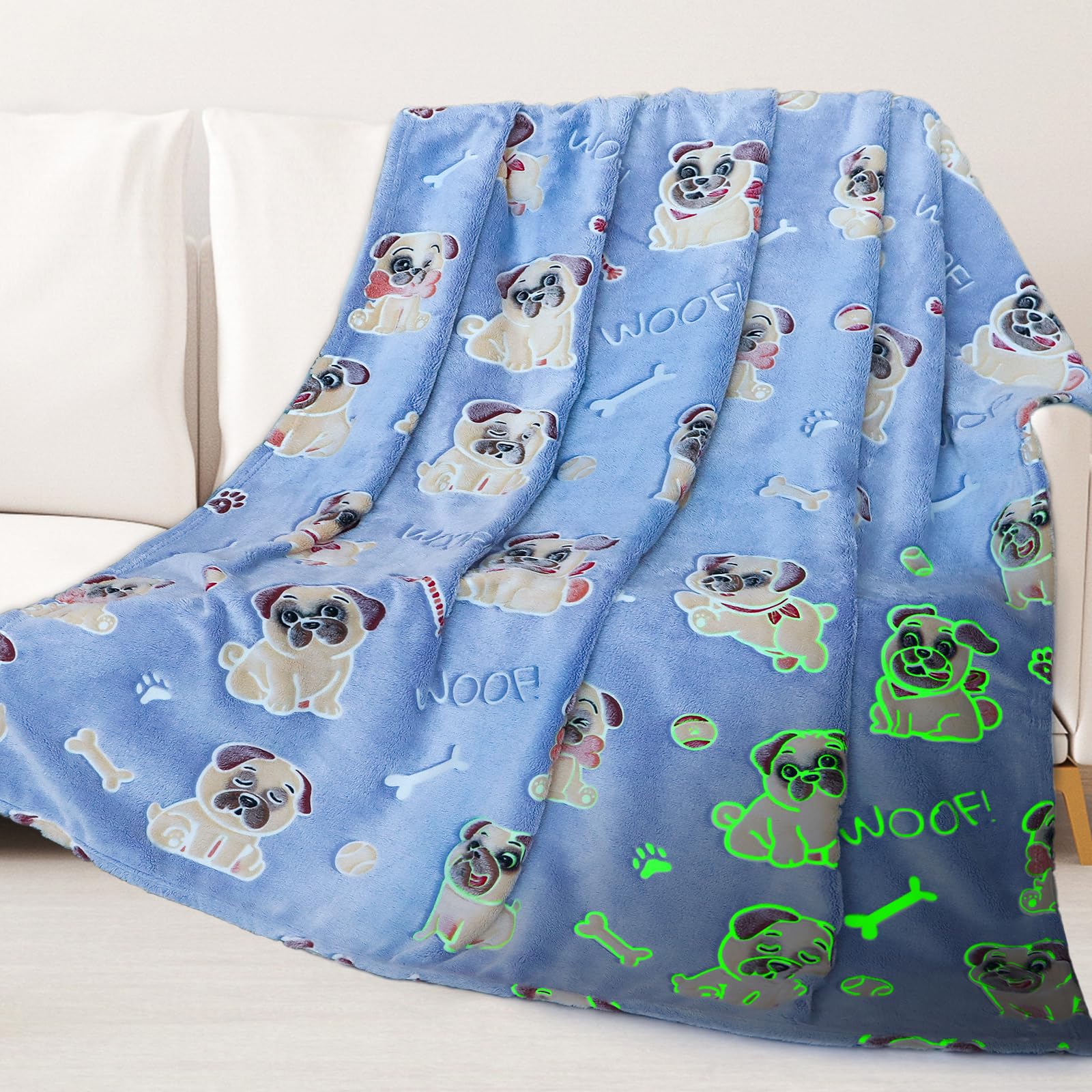 ORDM Glow in The Dark Blanket Dog Pattern Blankets Pug Gifts for Pug Lovers Doggy Throw Blanket Fleece for Kids Adults