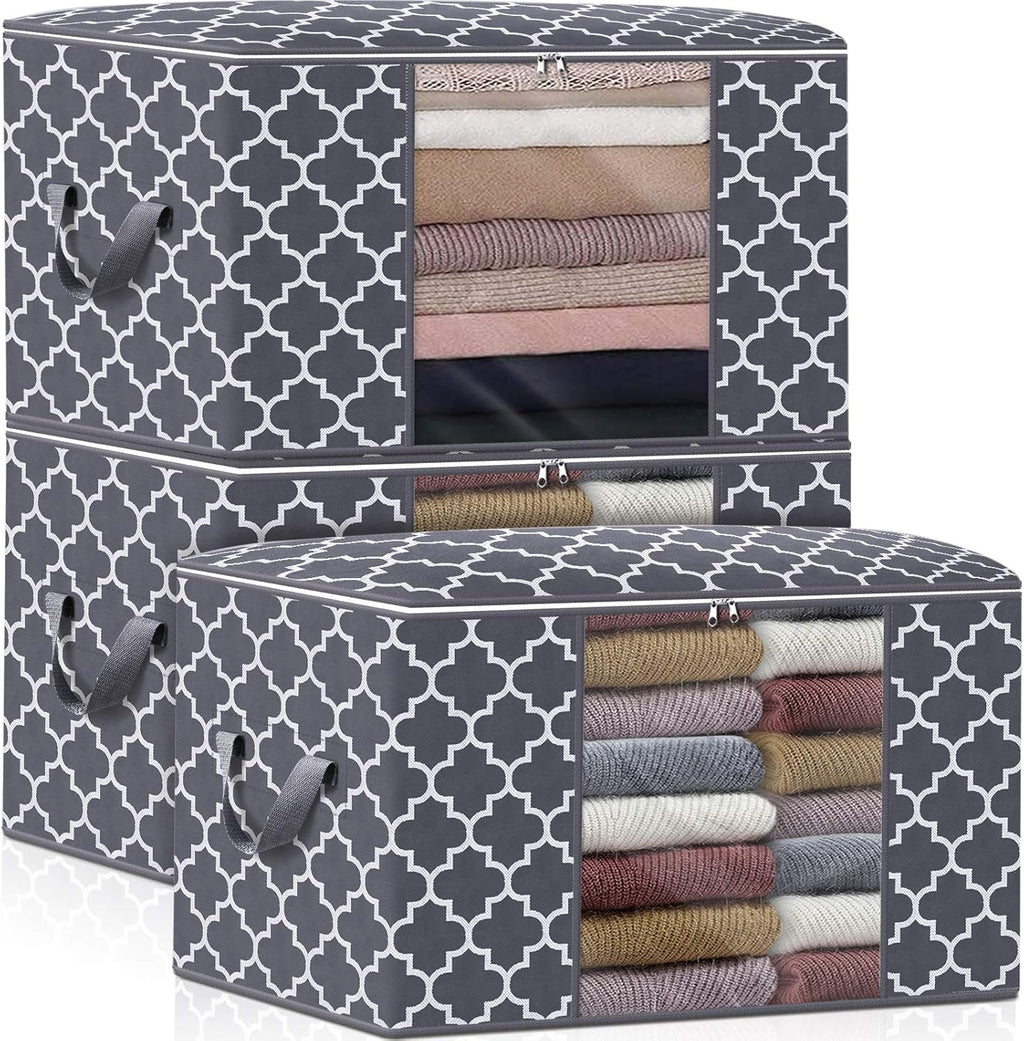WISELIFE Storage Bags - Large Blanket and Clothes Organizers with Clear Window | Grey, 3 x 100L, Foldable Design