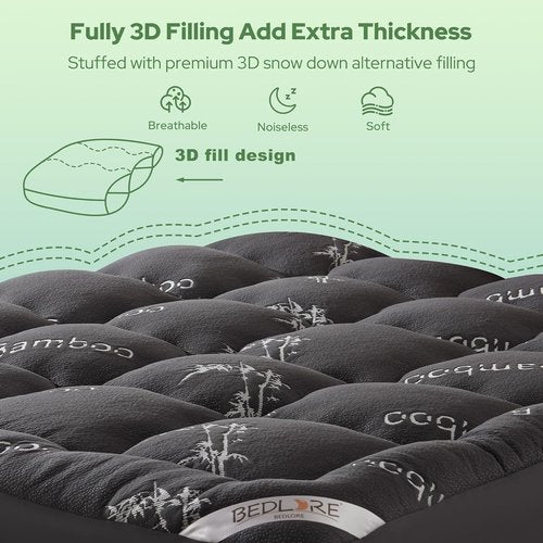 BEDLORE Twin Mattress Topper - Soft Bamboo Viscose Pillow Top for Back Pain Relief | Dark Gray, Fits 6"-15" Mattresses