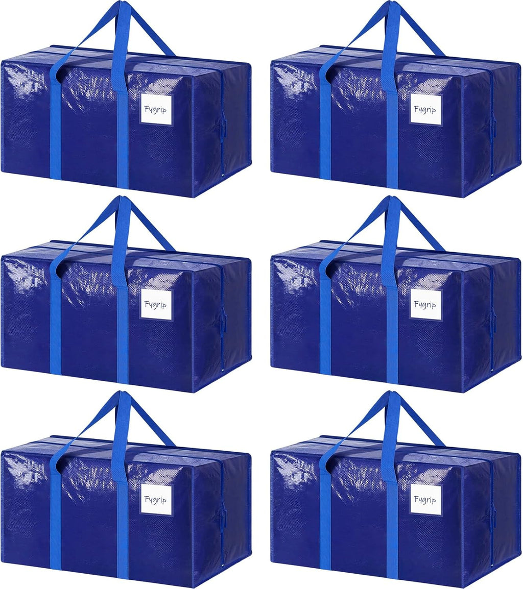 Skiennix Extra Heavy Duty Moving Bags - Large Sturdy Storage Totes with Strong Zipper & Comfortable Handles | 6 Pack, Blue
